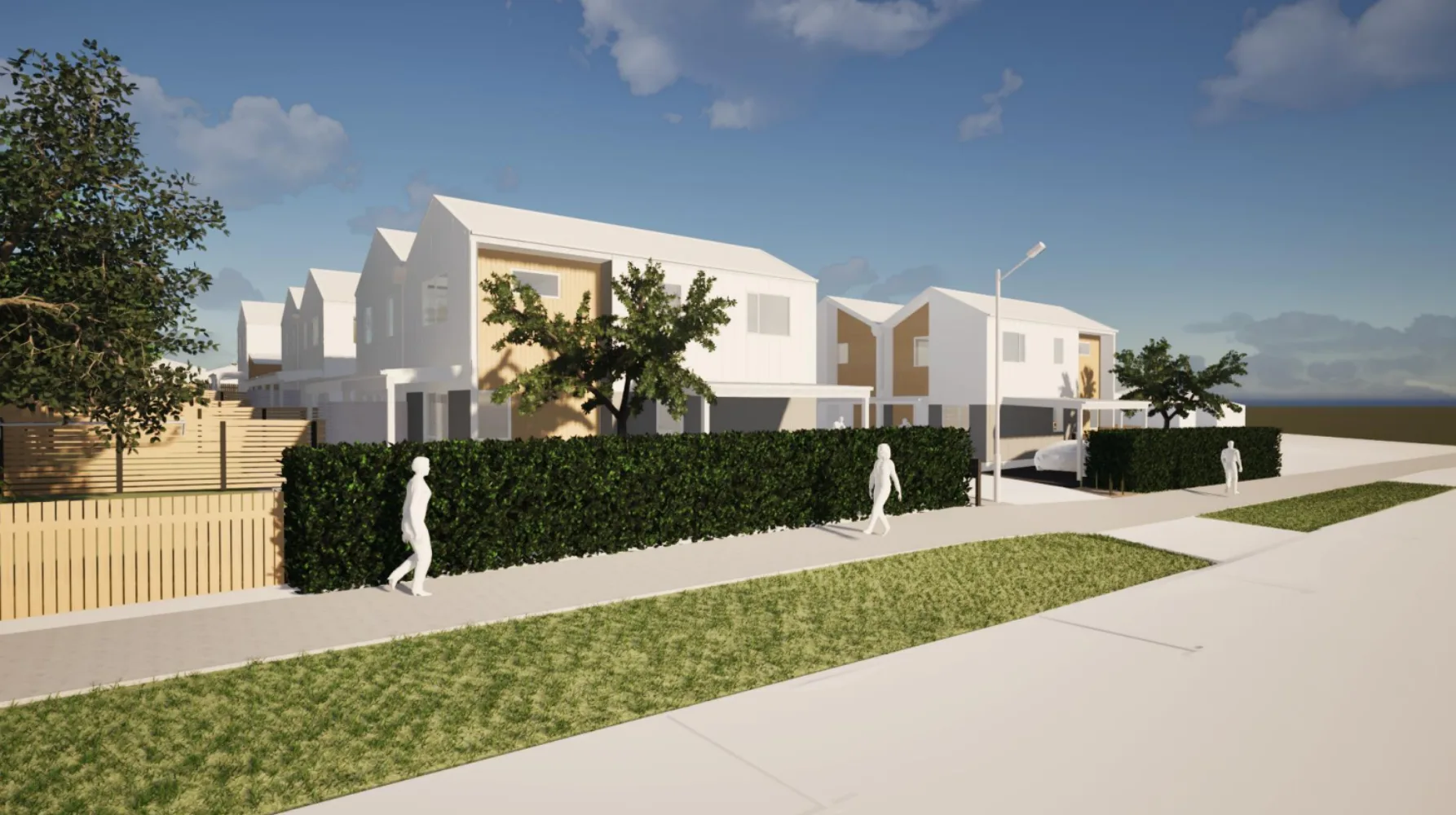 Concept rendering of a modern townhouse development with landscaped hedges, street trees and pedestrian footpaths