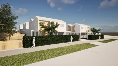 Concept rendering of a modern townhouse development with landscaped hedges, street trees and pedestrian footpaths
