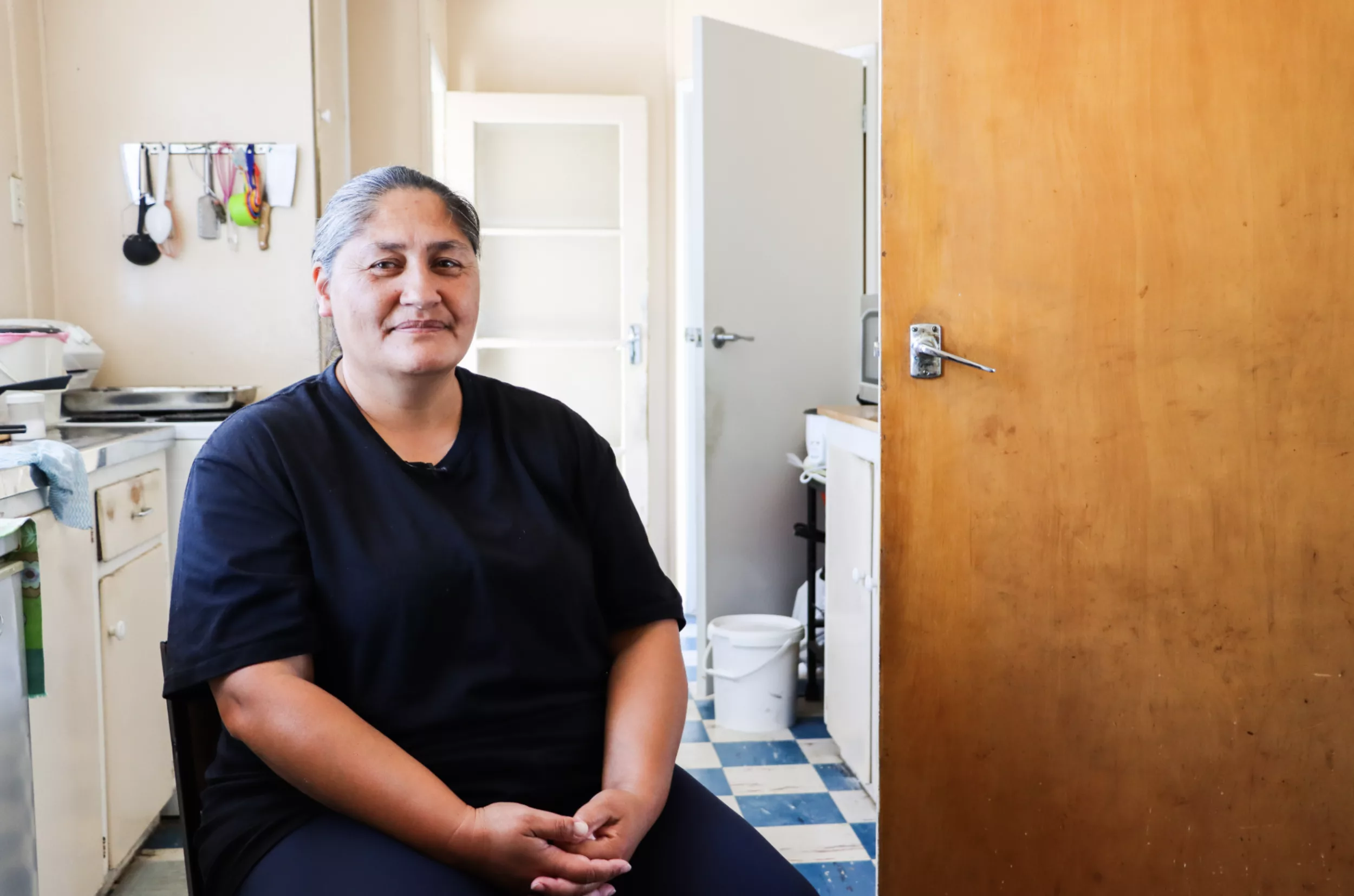 Cyclone Gabrielle rebuild Carolyn in her home April 2024